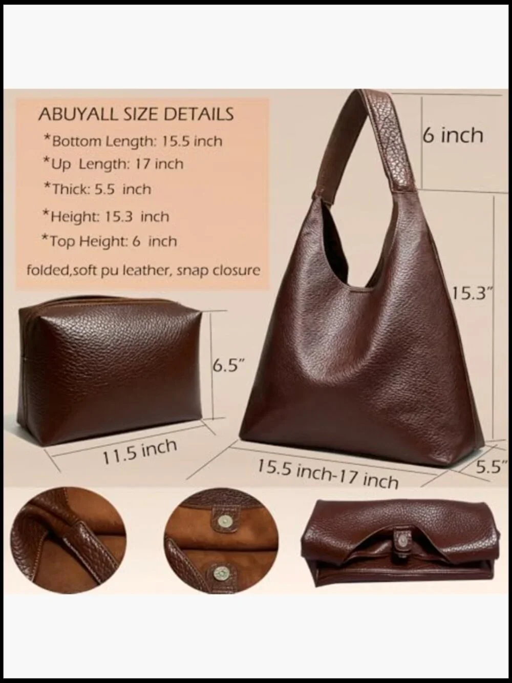 Large Foldable Vegan Leather Slouchy Hobo Shoulder Purse Work Tote